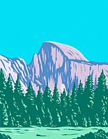 WPA poster art of Half Dome, a granite dome at the eastern end of Yosemite Valley in Yosemite National Park, California done in works project administ...