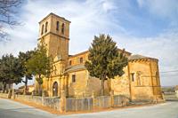 Facade of Nuestra Señora de la Asuncion church. Sequera de Fresno, Segovia province, Castilla Leon, Spain.