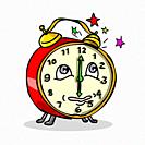 Cartoon style illustration of a traditional vintage mechanical spring-driven alarm clock setting off ringing alarm and waking up on isolated white bac...