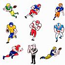 Set or Collection of cartoon character style illustration of American football player in different roles like quarterback, running back, center,wide r...