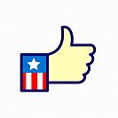 Icon retro style illustration of a hand with USA American stars and stripes flag sleeve with thumbs up or like showing approval on isolated background...