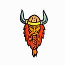 Mascot icon illustration of head of an angry Viking, Norseman or Norse seafarer viewed from front on isolated background in retro style.