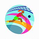 Icon retro style illustration of a female volleyball player passing ball with net in background set inside circle on isolated background.