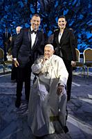 Vatican City, Vatican. 22 June 2022. Pope Francis, seated in a wheelchair following knee treatment, meets Italian television presenter Amadeus with hi...