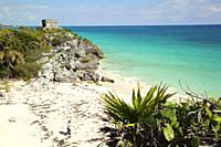View to the Temple Of The God Of Wind-Templo Del Dios Viento and to the beach at the Prehispanic Mayan city of Tulum Archaeological Site, Tulum, Quint...