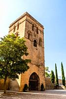 Medieval tower. Cobblestoned street in the medieval town of Laguardia, Alaba, Spain. Picturesque And Narrow Streets On A Sunny Day. Architecture, Art,...