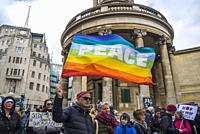 Peace rainbow flag, Stop the War demonstration organised by Stop the War Coalition, London, UK, 6th March 2022.