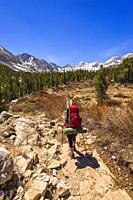 Woman backpacking under Sierra Nevada Mountains in Little Lakes Valley, John Muir Wilderness, California USA.