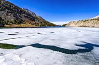 Frozen Long Lake in Little Lakes Valley, John Muir Wilderness, California USA.