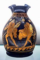 Red figured oinochoe (jug). A scene with a satyr play. Made in Apulia about 370-360 BC,. attributed to the Felton Painter. The story of how Diomedes a...