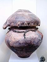 Cinerary vase with a single handle and lid from the necropolis of Cavalupo 9th century BC - National Etruscan Museum of Villa Giulia - Rome, Italy.
