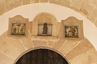 religious image above the entrance door, Monti-Sion santuari, Majorca, Balearic Islands, Spain.