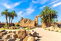 Remains of Karnak Temple with palms and stones, Luxor, Egypt.