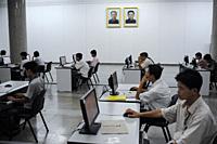 Pyongyang, North Korea, Asia - Students sit at computer workstations in the Grand People's Study House, the central library located in the North Korea...