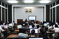 Pyongyang, North Korea, Asia - Students sit at computer workstations inside a lecture room in the Grand People's Study House, the central library loca...