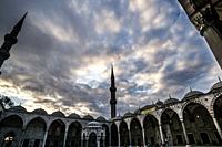 Blue Mosque (Sultan Ahmed Mosque) courtyard on a November afternoon. Istanbul, Türkiye (Republic of Türkiye).