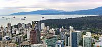 Panoramic view from the roof of a West End building looking west to English Bay, Vancouver, BC, Canada.