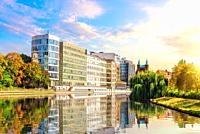 Classic German buildings on the bank of the river Spree of Berlin, Germany.
