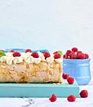 Baked meringue roll with cream and fresh red raspberry, white background	.