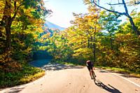 Cyclist biking down a curvy S-Shaped road on an autumn day in Vermont.