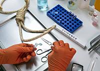 Police scientist extracts DNA sample from hanging victim's body, crime lab analysis, conceptual image.