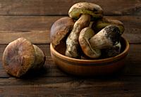 Fresh forest porcini mushrooms in a wooden.