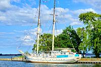 The brigantine, the sail training vessel GREIF ex WILHELM PIECK at its berth in the town harbour of Greifswald Wieck, Hanseatic Town of Greifswald, Me...