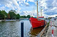The cutter Nordland III, a former war fishing cutter demilitarized after World War II, at its berth in the town harbor of Greifswald Wieck, Hanseatic ...