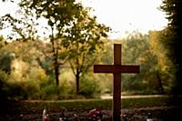 Wooden cross in a forest cemetery