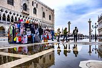 Visible effect of climate change on Venice; flooded Piazza San Marco in Venice, Italy, Europe.