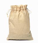 Full canvas bag tied with rope and isolated on a white background.