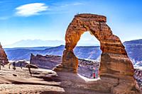 Delicate Arch Tourists Rock Canyon Arches National Park Moab Utah USA Southwest.