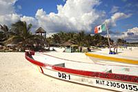 Traditional fishing boats at Tulum public beach, Tulum, Quintana Roo, Mexico, Central America.