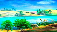 Big river under a blue sky on a sunny day. Digital Painting Background, Illustration.