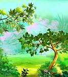 Green trees in the meadow on a sunny summer day. Digital Painting Background, Illustration.