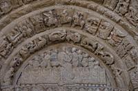 last supper scene on North Romanesque portal, Church of El Salvador, Romanesque from the 13th century, Ejea de los Caballeros, Cinco Villas, Aragon, S...