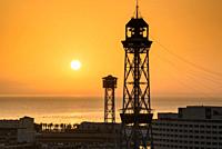Port Vell (the Old Harbor) and Jaume I tower in Barcelona at sunrise (Barcelona, Catalonia, Spain).