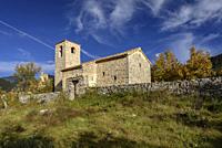 Sant Miquel de Turbians church in autumn, near Gisclareny (Barcelona province, Catalonia, Spain, Pyrenees).