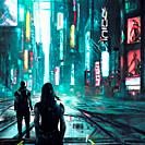 People in a the city cyberpunk style.