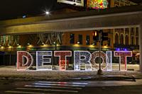 Detroit, Michigan - Lights in a sign spell out 'Detroit' at a downtown intersection.
