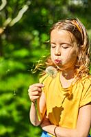 Adorable little girl blowing on a dandelion on a sunny summer day, summertime vacation.