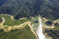 Aerial view of the Susqueda reservoir in the Sant Martí de Querós area during the summer drought of 2022 (Les Guilleries, Girona, Catalonia, Spain).