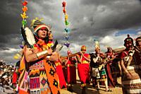 Inca chief greets the people at Inti Raymi Festival in Saqsaywaman Archaeological Site, Cusco, Peru, South America.