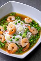 soup with shrimps, vegetables and rice nooodles.