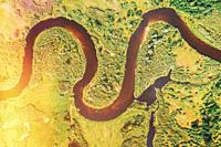 Aerial View Of Summer Curved River Landscape. Top View Of Beautiful European Nature From High Attitude. Drone Flight View. Bird's Eye View Of Green Fo...