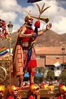 Representative Inca king greets the people at Inti Raymi Festival in Plaza De Armas, Cusco, Peru, South America.