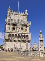 Lisbon, Portugal. The 16th century Torre de Belem or Tower of Belem. The tower seen from the bulwark terrace. The tower is an important example of Man...