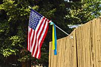 American flag and Ukraine banner.