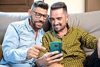 Gay Couple sitting in the sofa At Home Making Video Call On Mobile Phone. High quality photography.