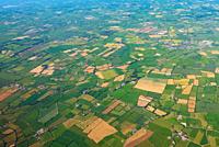 Aerial view of green pattern fields above germany.